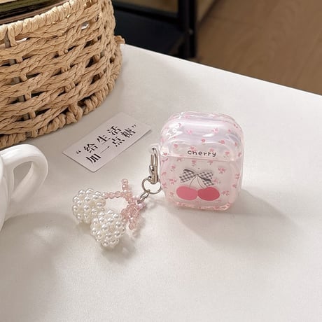 女子力アップ Airpods4ケース チェリー パールキーホルダー AirpodsPro2ケース airpods3/2カバー 可愛いすぎ うねうね 頑丈[M5404]