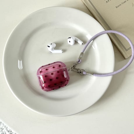 グラデーション Airpods4ケース ラズベリー色 水玉模様 AirpodsPro2ケース airpods3/2カバー  レザーストラップ付 艶感 [M5342]