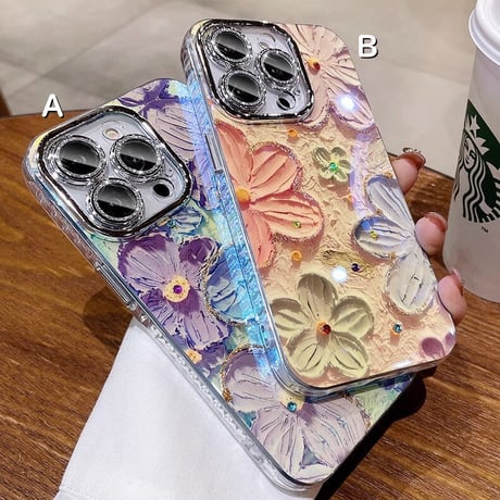 かわいい iPhone16/15pro/15promaxケース 花柄 レンズ保護 キラキラ光る 綺麗iphone14/13/12proカバー [M3533]