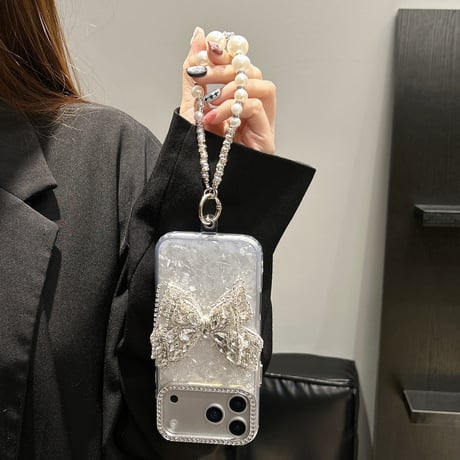 ジュエリー蝶デコ iPhone17Pro/17ケース キラキラ 綺麗 iPhone16Pro/15カバー パールストラップ 女子力高い [M5855]
