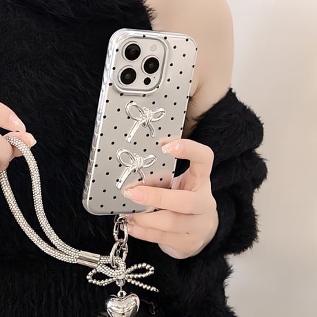 水玉模様 iPhone16/16proケース リボン ハートストラップ iphone15pro/14/13/12proカバー  綺麗 人気 ガールズファッション[M5082]