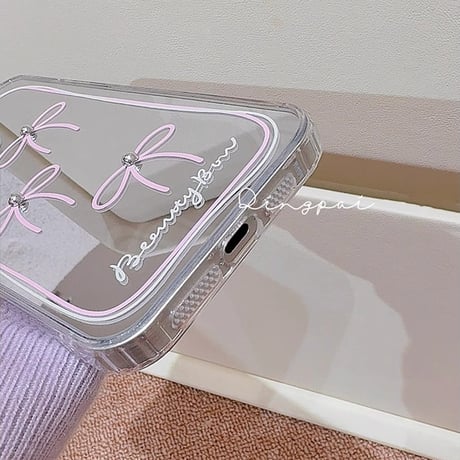 鏡付 リボン iPhone15/15proケース 女子力アップ iPhone14promax/13pro/12ケース パープルカラー 可愛い[M4287]