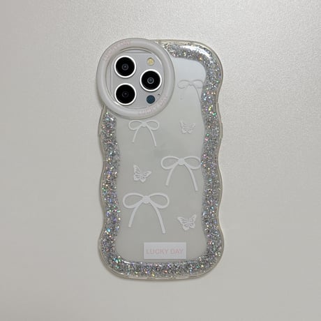 うねうね iPhone15/15proケース リボン柄 ラメ入り iPhone14pro/13/12カバー 女子力高い 落下防止 [M4535]