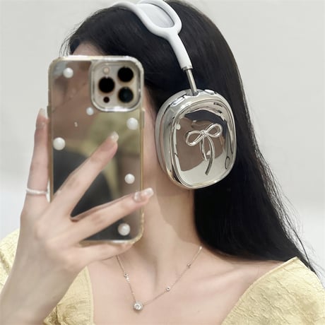 リボン AirPodsMaxケース 艶あり メッキ エアーポッズ マックス専用カバー シック 可愛い ギフトにおすすめ[M4552]