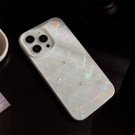 シェル風 iPhone15/15proケース リボン柄 立体パール iPhone14/13pro/12ケース かわいい きれい 女子力UP[M4003]