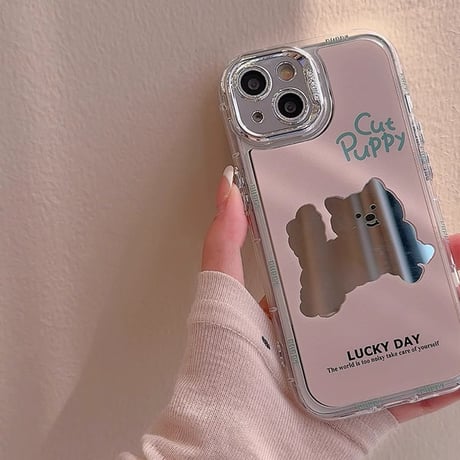 犬ちゃん鏡 iPhone15/15proケース ピンク iPhone14/13pro/12カバー かわいい 女子力アップ[M4235]