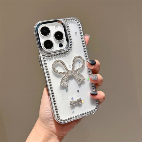 ジュエリーリボン アイフォン16/16proケース パールストラップ iPhone15pro/14/13proカバー  可愛い 高級感[M5298]
