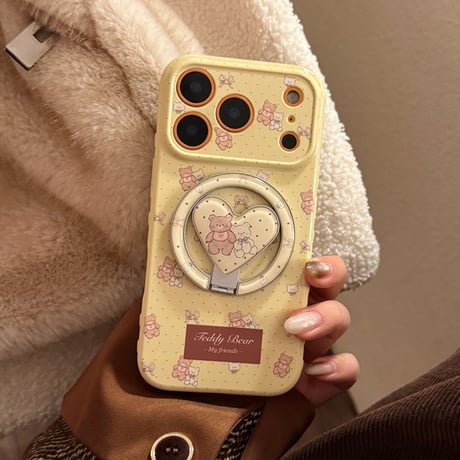 MagSafe対応 熊さん iPhone17Pro/17ケース マグネット式リングスタンド付 iPhone17ProMax/16Pro/15カバー 女子力アップ [M6226]