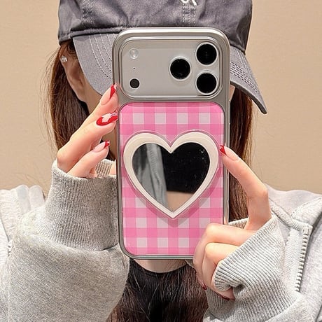 ハート型ミラー iPhone17Pro/17ケース チェック柄 iPhone17ProMax/16/15Proカバー 女子力アップ メッキ 頑丈  [M6123]