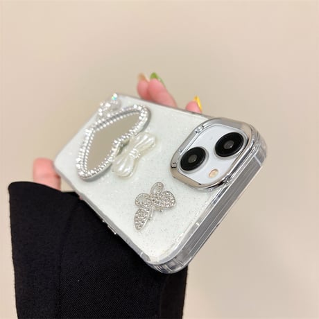 ジュエリーハート鏡 iPhone15/15pro/15plusケース リボン/蝶 iPhone14/13pro/12ケース 女子力アップ 黄ばまない[M4507]