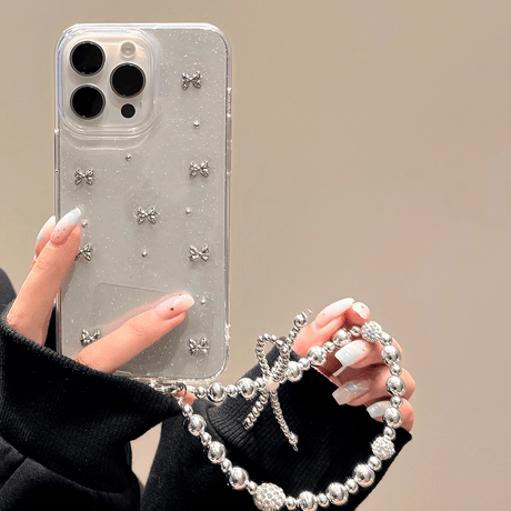 ガールズに人気 iphone15/15proケース  立体リボン ラメ入り iphone14/13pro/12/11カバー  可愛い 綺麗チャーム付き[M4485]