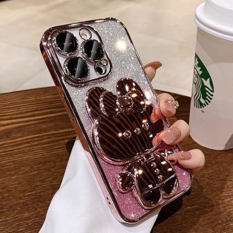 鏡付兎スタンド iPhone15/16proケース キラキラ iPhoneSE第3世代/14/13Proカバー 多機能便利 カメラ保護 [M3527]
