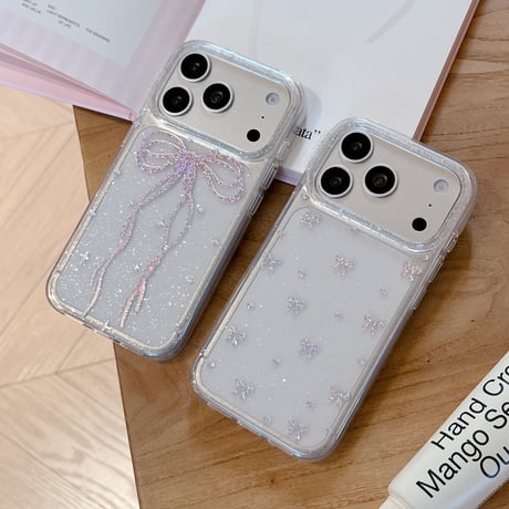 キラキラリボン iPhone17pro/17ケース 甘めコーデ  iPhone16promax/15pro/14ケース  女子力高い キラキララメ[M6180]