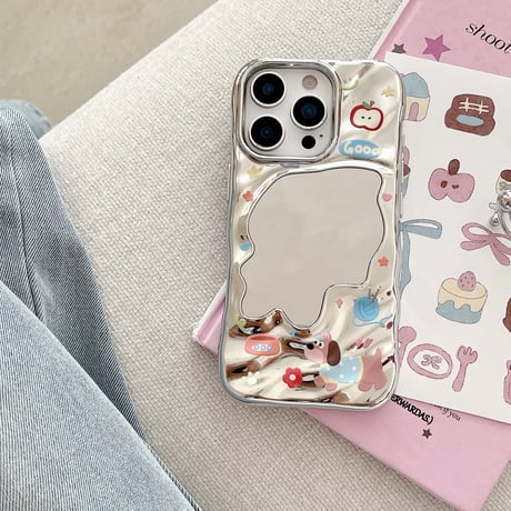 犬ちゃんミラー iPhone16pro/16ケース シルバー iPhone15pro/14/13promaxカバー 大人可愛い メイク直し鏡[M5522]
