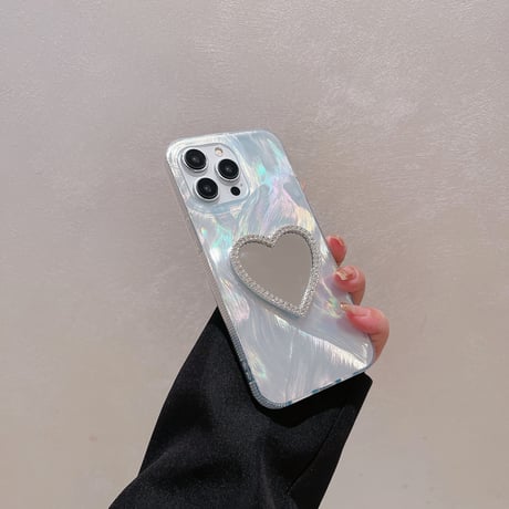 オシャレ鏡付 iPhone15/15Proケース キラキラ iPhone14Pro/13/12ケース ホワイト 女子に人気 [M3758]