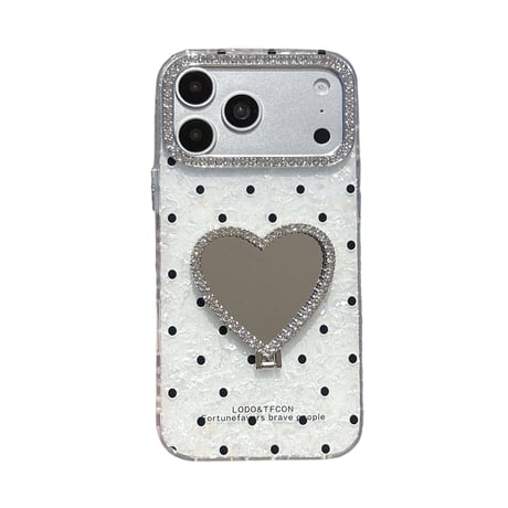 ハート型鏡スタンド iPhone17Pro/17ケース 水玉模様 iPhone16Pro/15/14ース 可愛い 実用品 キラキラダイヤデコ[M6426]