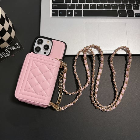 カード/小物入れ付 iPhone15/15プロケース ショルダーチェーン付 レザーiPhone14pro/13/12カバー 高級感 高品質[M4163]