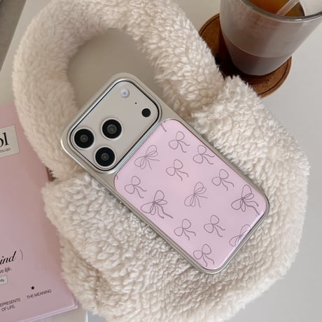 リボン柄 iPhone17/17Proケース ピンクカラー iPhone16Pro/15ProMax/14カバー キュート 女子力高い[M5914]