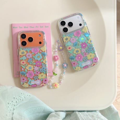 カラー花 iPhone17pro/17ケース キラキラ感 iPhone16promax/15proケース 花ストラップ 女子力高い[M6214]