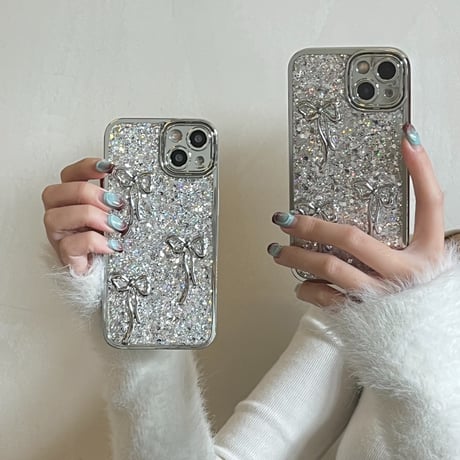 リボン iPhone15/15proケース キラキラグリッター入り iPhone14/13pro/12ケース 女子力アップ シルバー[M3891]