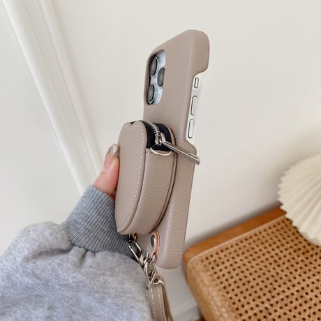 ハート小銭入れ iPhone15/15proケース ショルダーストラップ付 アイフォン14pro/13mini/12/11カバー レザー 高品質 超便利[M3709]