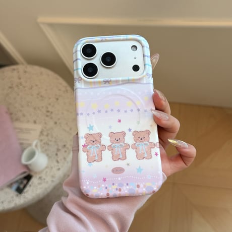 熊さんミラーグリップ iPhone17Pro/17ケース MagSafe対応 iPhone16Pro/15/14ケース グラデーションカラー 丈夫 [M6444]