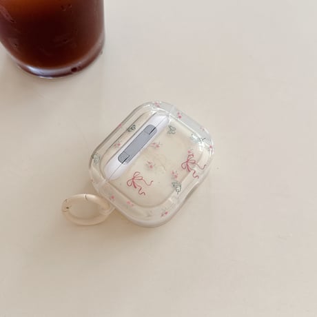 リボン柄 Airpods Pro3ケース 淡色系蝶柄 Airpods 4/3カバー AirpodsPro2/1  リング付き 春コーデ [M6126]