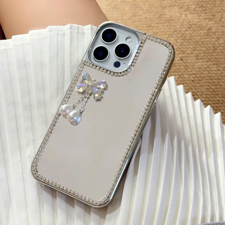 ミラー iPhone16e/16proケース 蝶/花デコ ダイヤ/パール iPhone15promax/14/13カバー おしゃれ シック 女子力高い [M5281]