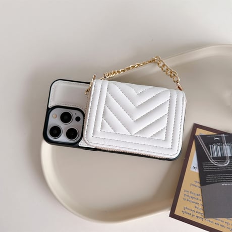 カード/小物入れ付 アイフォン15プロ/15ケース レザー ショルダーチェーン付 iPhone14pro/13/12promaxカバー 高級感 セレブ愛用[M4253]