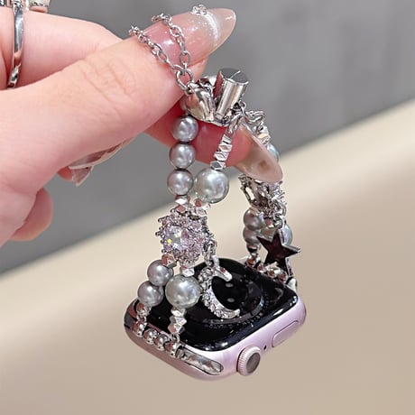 パール AppleWatch Serise 10バンド 高級感 女子力高いアップルウォッチ Ultra2/1/SE/Series9/8/7/6/5/4/3/2/1 きれい 存在感抜群[M5184]