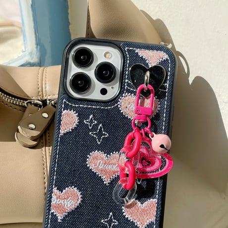 デニム 刺繡 ピンクハート柄 iphone14plus/14proケース  可愛すぎ  iphone13/12/11カバー  高品質  高級感 プレゼントにおすすめ [M2247]