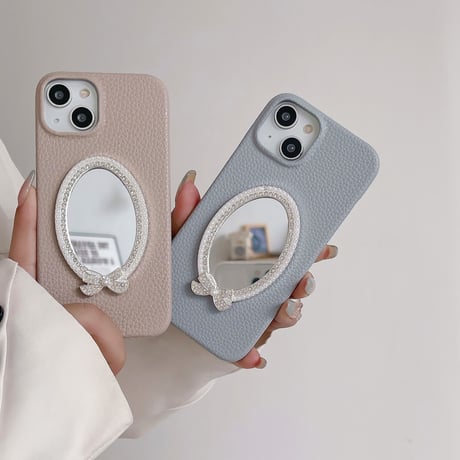 鏡付きレザー iPhone15/14proケース ジュエリーデコアイフォン13/12/11proカバー 可愛い シンプル 実用[M3345]