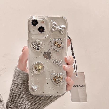 リボン/ハートデコ iPhone15/16proケース ストラップ付 グリッター入り iPhone14/13pro/12ケース  かわいい キラキラ[M3867]