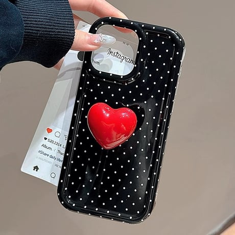 水玉模様 iphone16/16proケース  ハートグリップ iphone15pro/14/13proケース かわいい 韓国風 便利性ある[M5066]