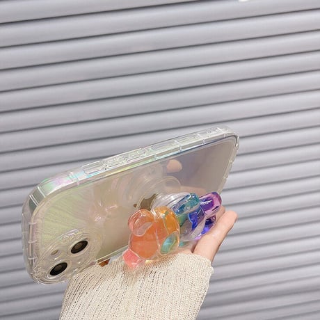 キラキラクマさんグリップ付 iphone14/13proケース  レインボーカラー iphone12/11カバー  可愛い  お洒落 多機能 綺麗透明感[M2181]