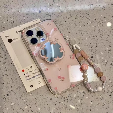 花鏡付 iPhone16/16proケース 薔薇柄 ストラップ付 アイフォン15pro/14/13proケース 大人可愛い 女子力UP 多機能[M5108]