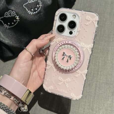 リボン柄 iPhone16pro/16ケース パールとリボングリップ マグネット iPhone15pro/14/13promaxケース かわいい 多機能 女子力UP [M5072]