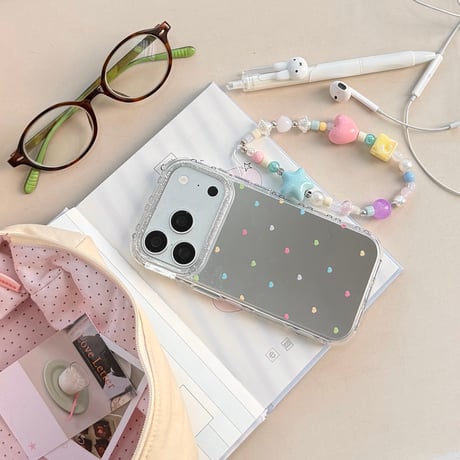 カラーハート柄 iPhone17pro/17カバー ミラー iPhone16/15pro/14ケース 可愛いストラップ 春夏向け[M6221]