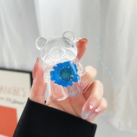 押し花付クマちゃん スマホグリップ/ポップソケット 綺麗 伸び縮み式  高透明グリップトーク  スマホリング・スタンド一体型  落下防止  可愛い[M1648]