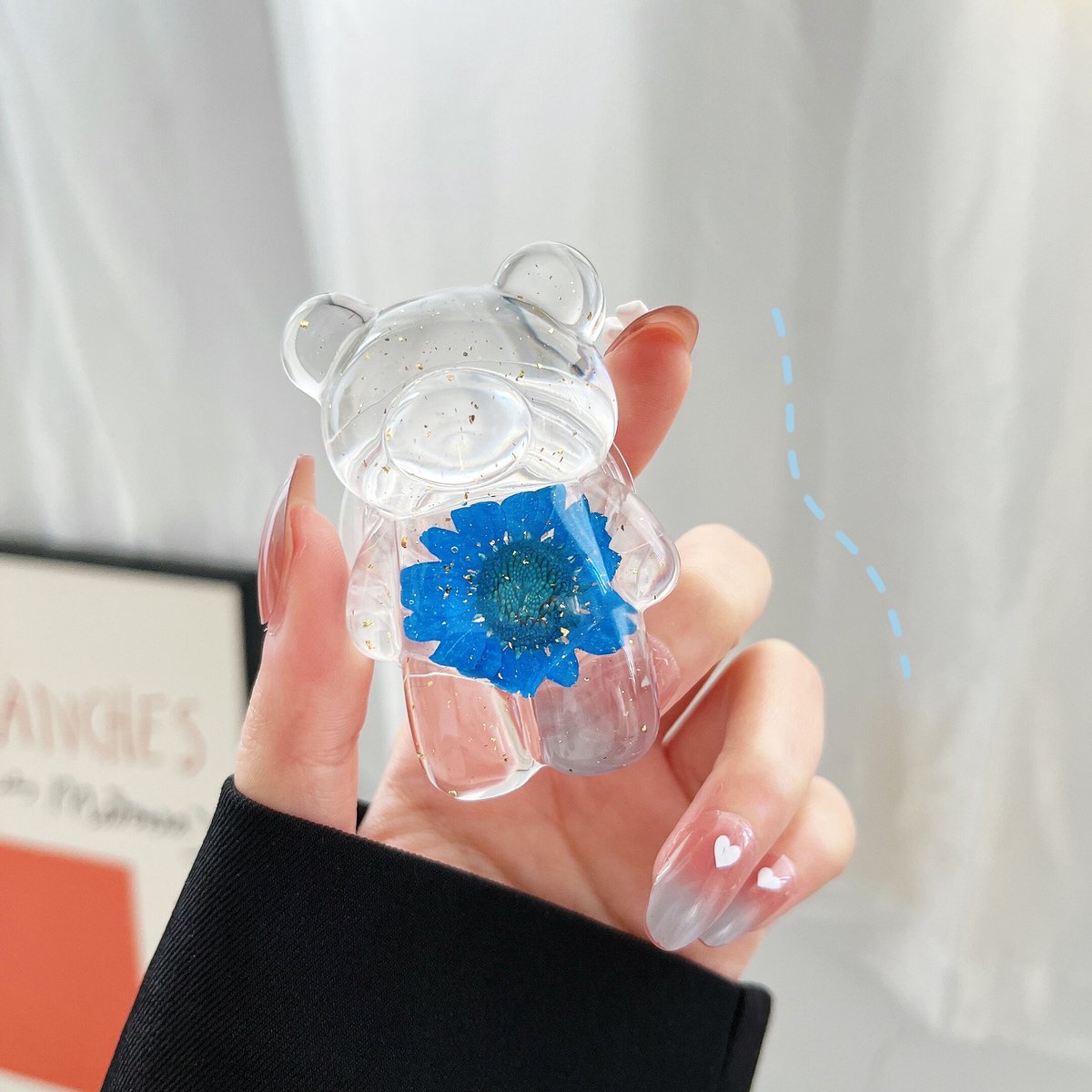 押し花付クマちゃん スマホグリップ/ポップソケット 綺麗 伸び縮み式
