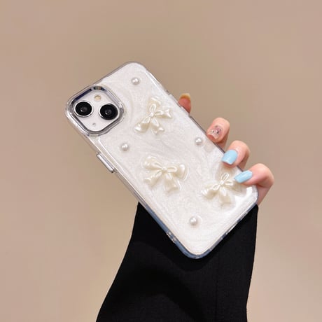 リボン/ハートデコ iPhone15pro/15ケース ホワイト iphone14/13pro/12proカバー  女子力アップ 高級感[M4353]