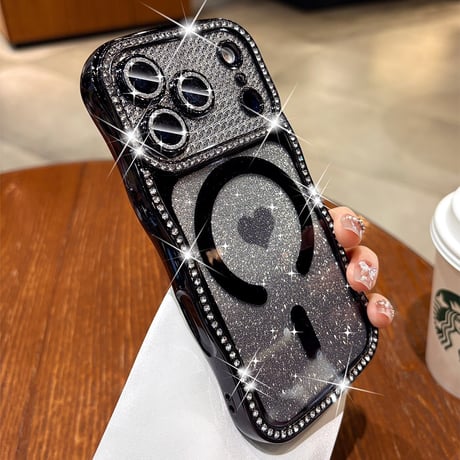 うねうねジュエリーライン iPhone17Pro/17ケース MagSafe対応 ハート柄 iPhone16/15/14ケース ラグジュアリー感 メタリックカラー レンズ保護[M6311]