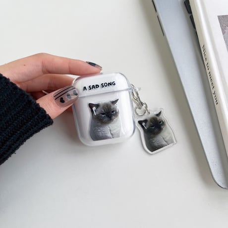 音楽を聴く猫  Airpods Pro2ケース   SAD SONG  airpods3カバー  可愛いアクセサリー付き かわいい  頑丈 ギフトにおすすめ [M2512]