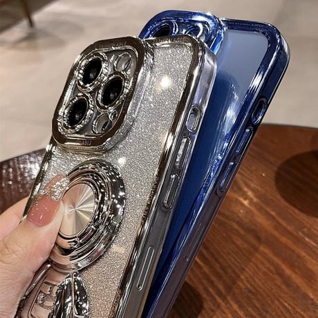 宇宙飛行士リング付 iPhone15/14proケース メッキクリアアイフォン13/12/11proカバー スタンド 便利 艶あり セレブ愛用 [M2637]