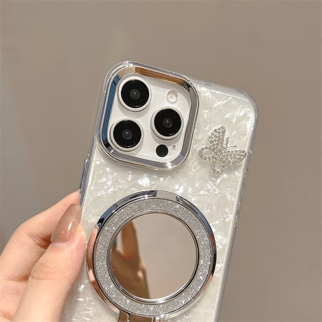 鏡リングスタンド iPhone17/17proケース ジュエリー蝶シェル風 iPhone16pro/15/14proカバー オシャレストラップ 多機能 [M5603]