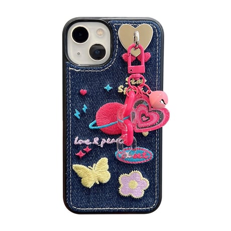 刺繡 星 花 iPhone14/14proカバー  デニム素材  アイフォン13/12/11ケース  可愛い 高品質  高級感  [M2250]