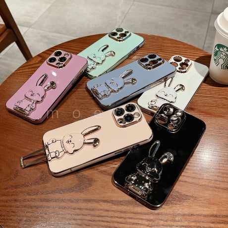 ウサギリングスタンド iphone14/15proケース  メッキ アイフォン13mini/12proカバー お洒落 多機能 便利ファッション[M2682]