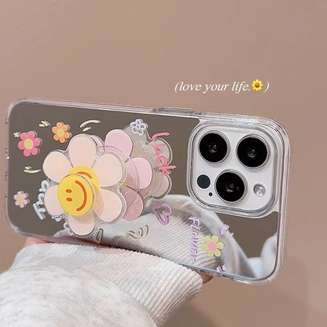 韓国風 iPhone16pro/16ケース 鏡付 にこちゃん回転可花グリップ iphone15pro/14/13proカバー 可愛い スタンド付 夏人気品[M5285]