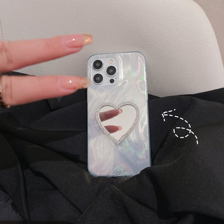 オシャレ鏡付 iPhone15/15Proケース キラキラ iPhone14Pro/13/12ケース ホワイト 女子に人気 [M3758]