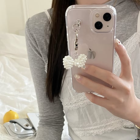 女子力アップ iPhone15/15proケース パールリボンチャーム iPhone14/13pro/12proクリアケース かわいい きれい[M4361]